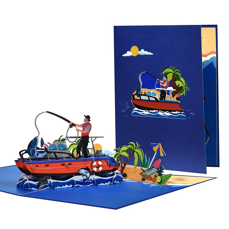 海钓创意立体贺卡旅游钓鱼卡片3D个性送男朋友纸雕退休礼物父亲节