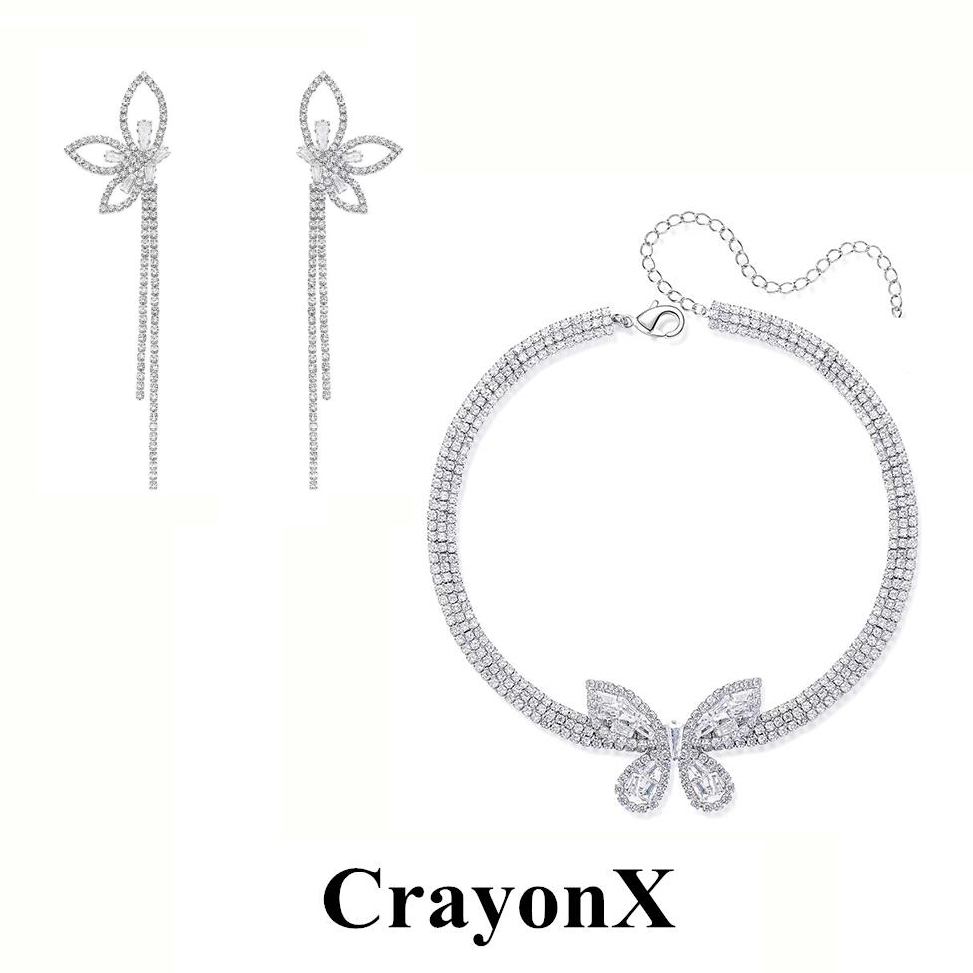 CrayonX设计 精致优雅蝴蝶流苏 爆闪网红锆石choker项链耳饰套组