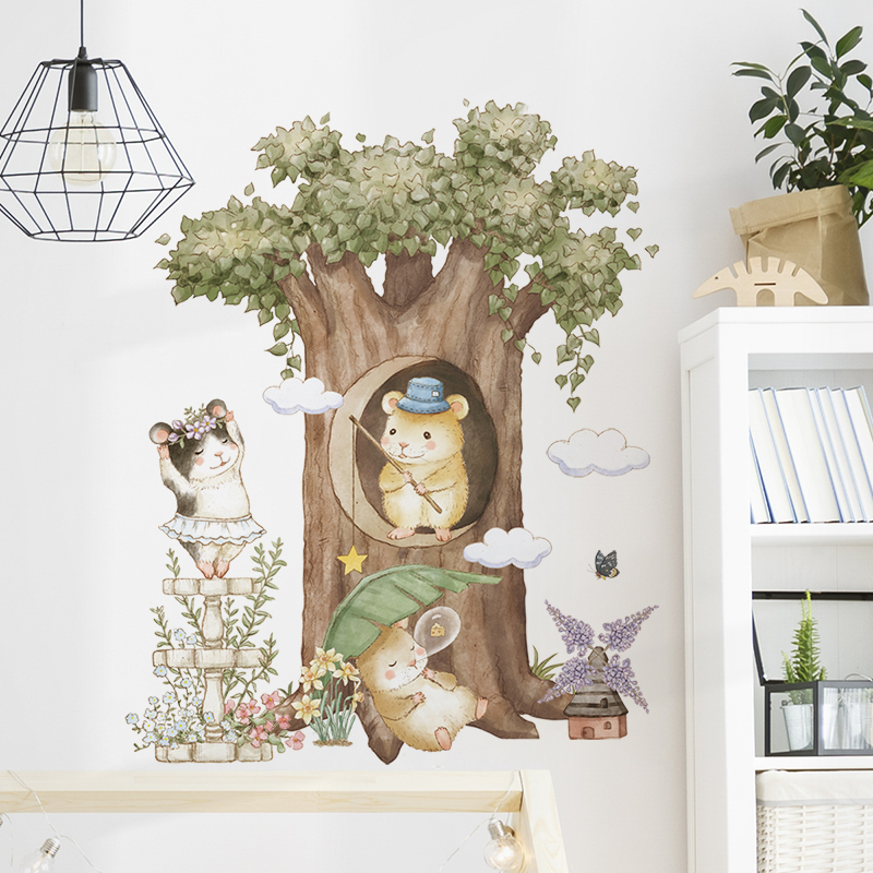 卡通可爱猫咪植物叶子花朵墙壁纸装饰儿童房可移除墙贴纸防水自粘