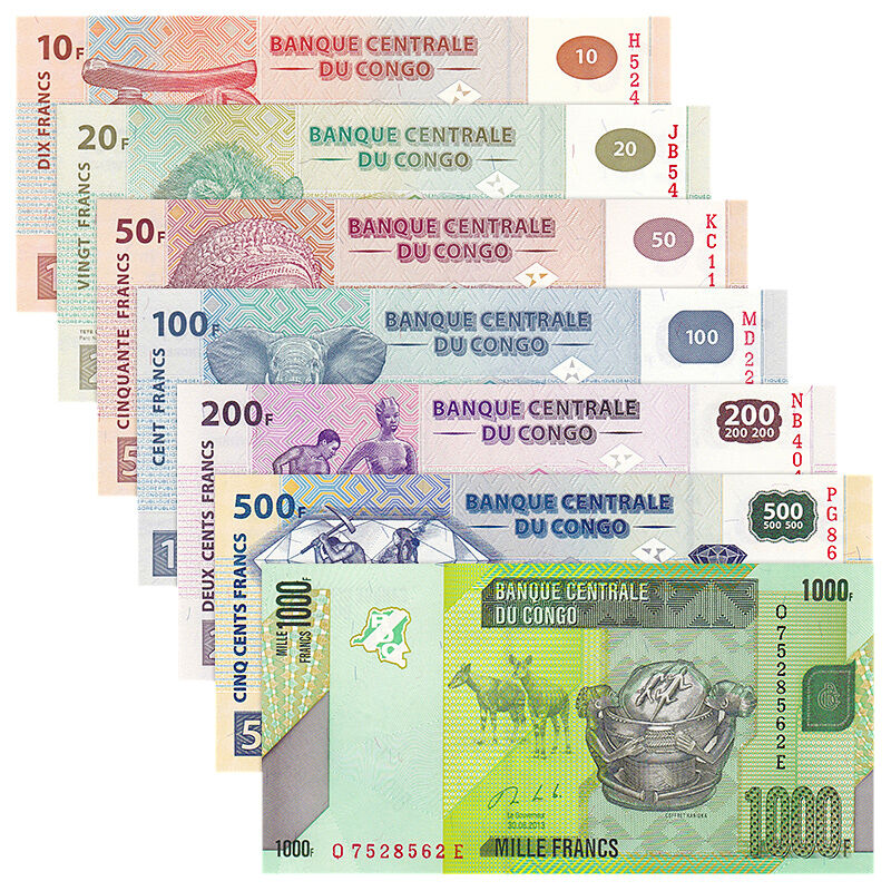 【尾二同】非洲 全新UNC 民主刚果7张(10-1000法郎)纸币套币
