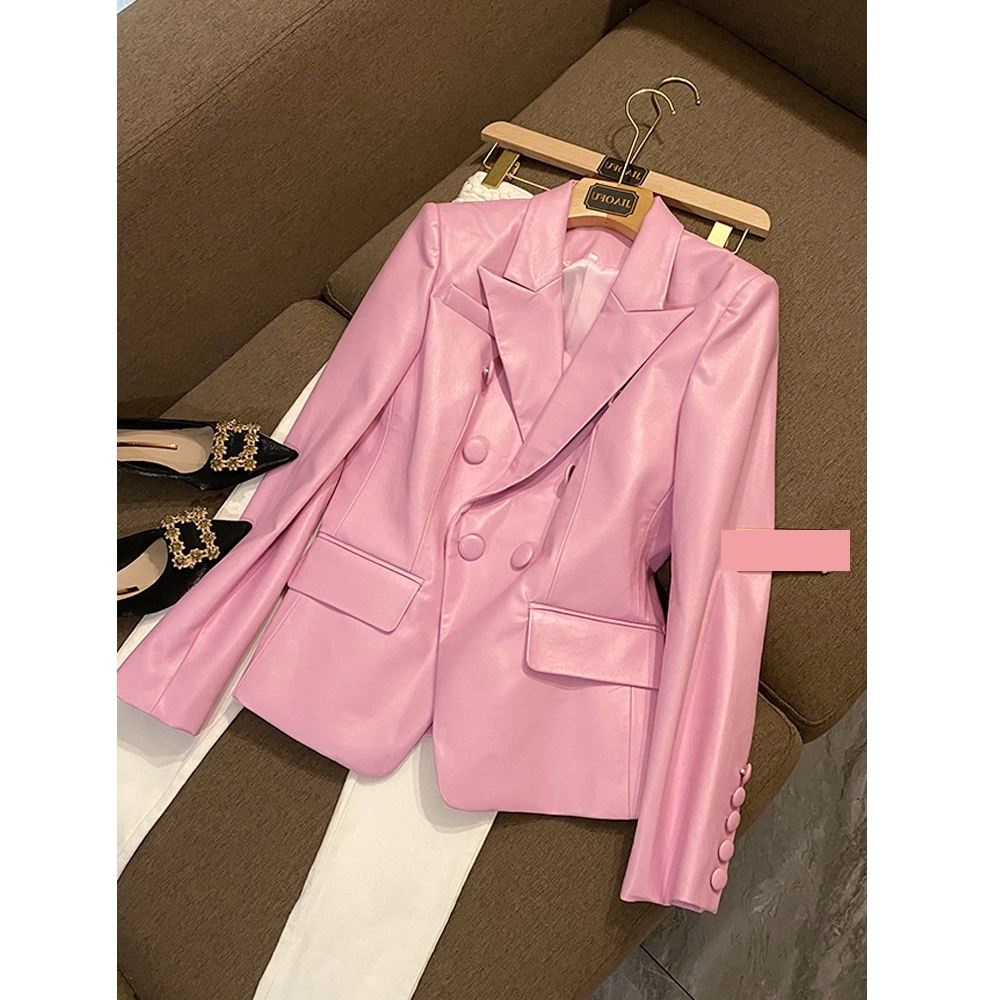 一线品牌女装清货欧货小众设计短外套小个子粉色皮衣外套西装甜酷