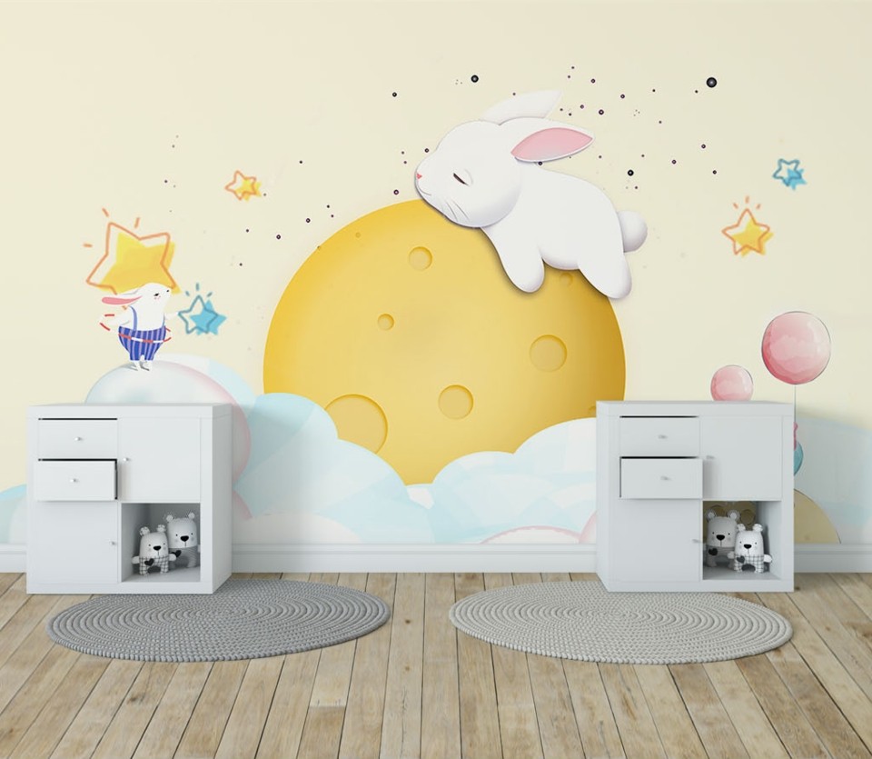 3D清新卡通可爱立体兔子女孩卧室墙纸动漫公主房间墙布儿童房壁纸