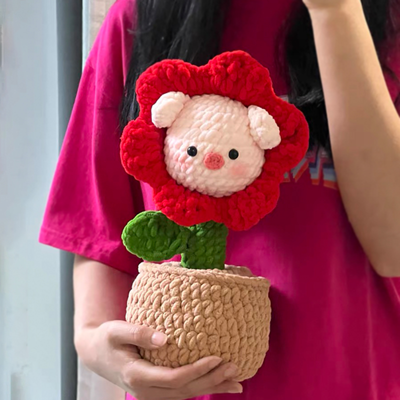 手工自制花朵猪盆栽摆件冰条线可爱玩偶毛线编织diy材料包送礼物