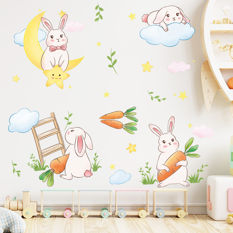 卡通兔子胡萝卜云朵月亮儿童房幼儿园墙面装饰墙贴画多巴胺风格贴
