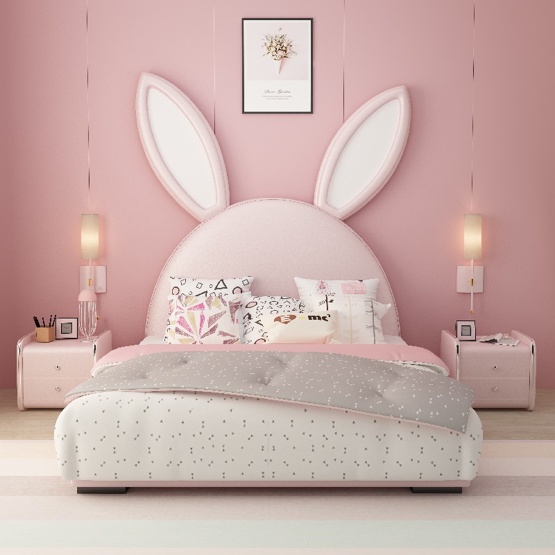 粉色兔子儿童床实木真皮床女孩单人少女女生1.5m卡通床公主床储物