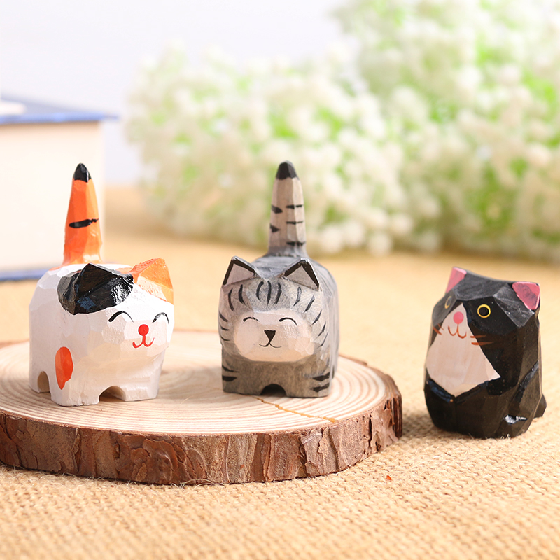 手工木雕小猫咪桌面摆件木质雕刻工艺品呆萌可爱创意礼品玩具玩偶