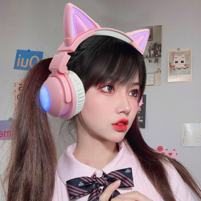 蓝牙耳机猫耳朵无线头戴式女生二次元动漫网红耳麦粉色可爱发光