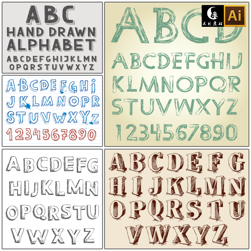 3D立体复古怀旧线描素描26个英文字母字体数字矢量图片设计素材