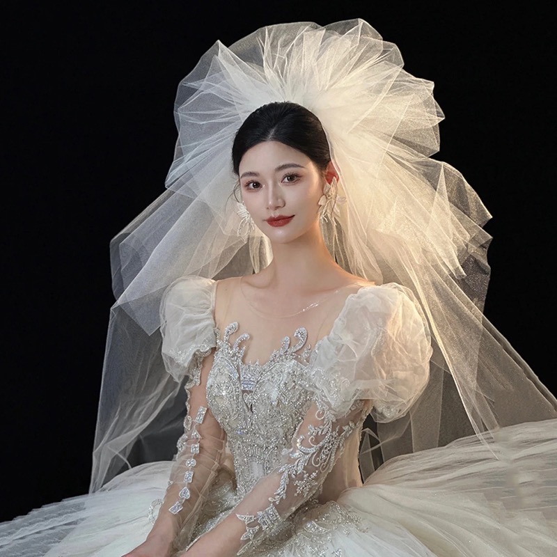 新款主婚纱头纱抓泡云朵蓬蓬头纱韩式新娘摄影造型街拍六层爆炸纱