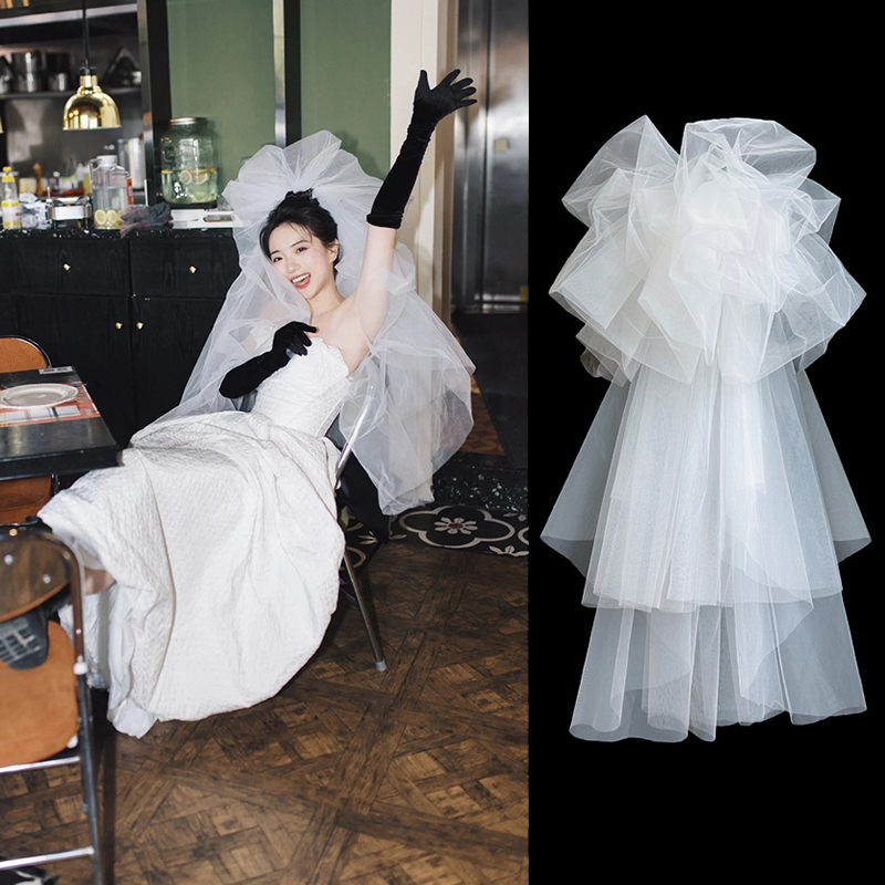 新娘头纱2024新款抓泡云朵蓬蓬领证登记头纱韩式结婚摄影造型婚纱