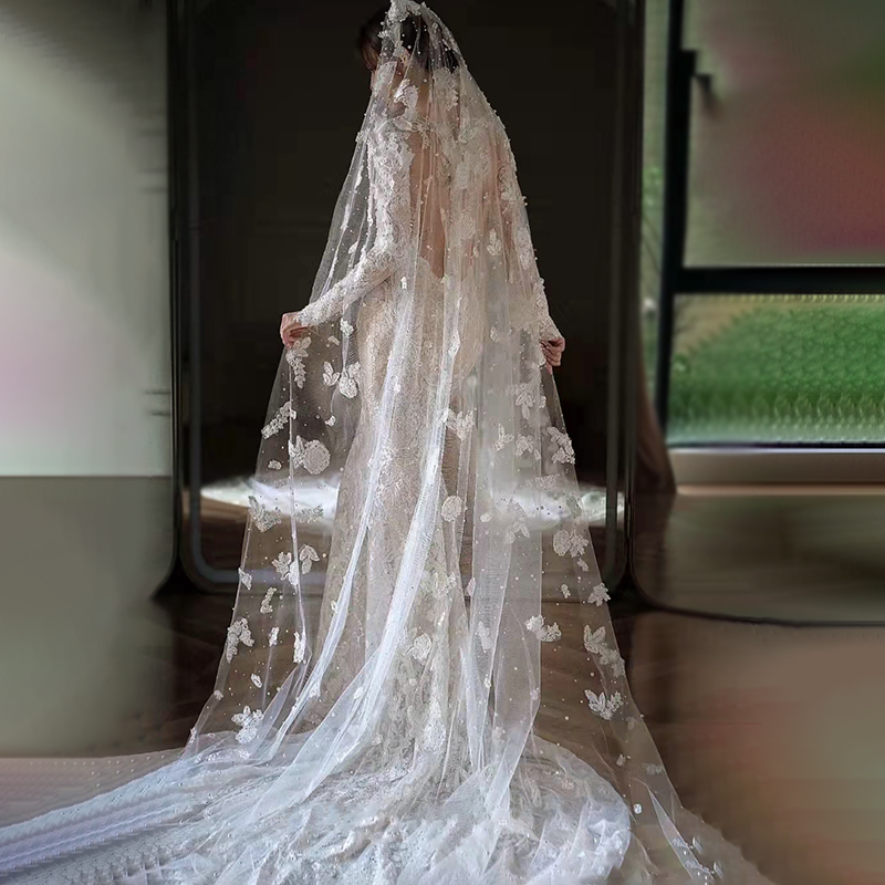 新娘结婚主婚纱头纱高级感重工蕾丝珍珠大拖尾头纱婚礼拍摄头纱