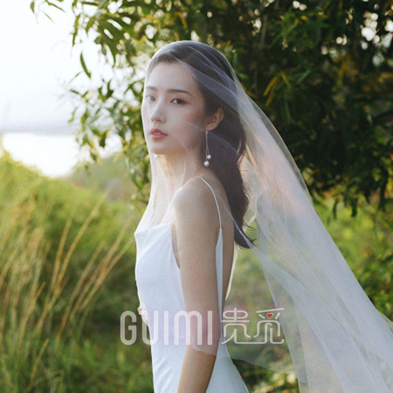 复古韩国拍照头纱长款高清软纱白色婚纱摄影单层新娘轻薄舞蹈素纱