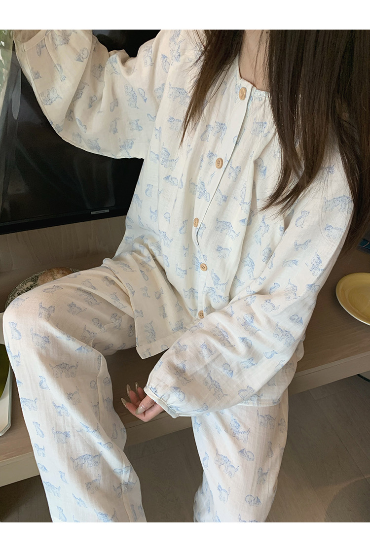 韩版双层婴儿棉纱卡通动物睡衣柔软亲肤素描猫咪纱布家居服套装