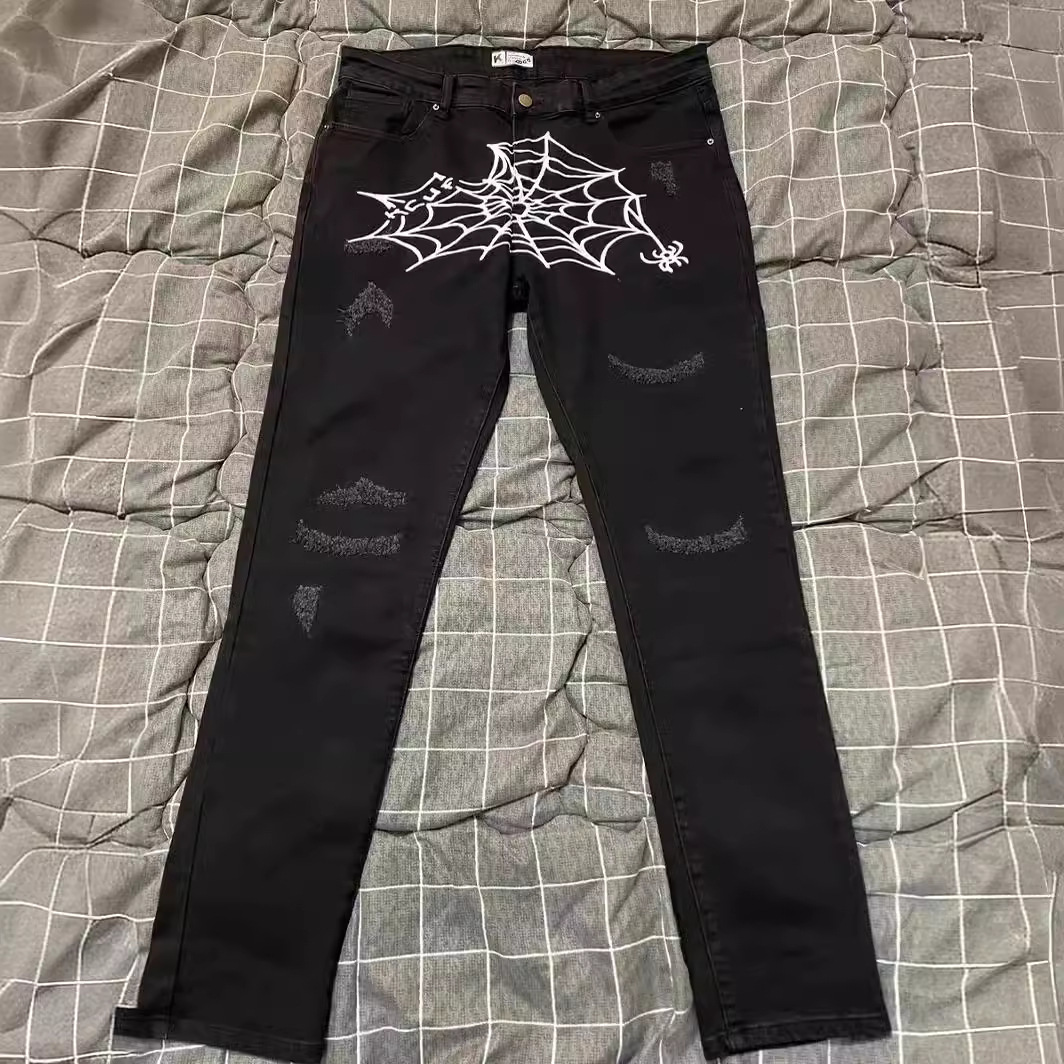 Spiderweb print jeans美式Y2K嘻哈蜘蛛网设计感牛仔裤休闲长裤子