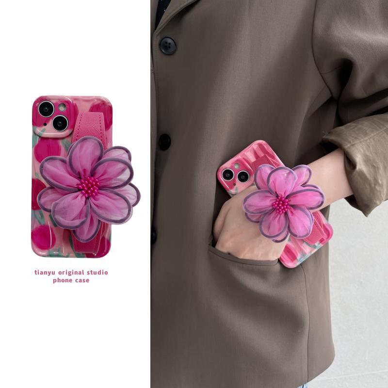 春天新款粉色纱花腕带适用于苹果15promax手机壳iphone14pro保护套13promax郁金香12斜挎11唯美15pro可背带13
