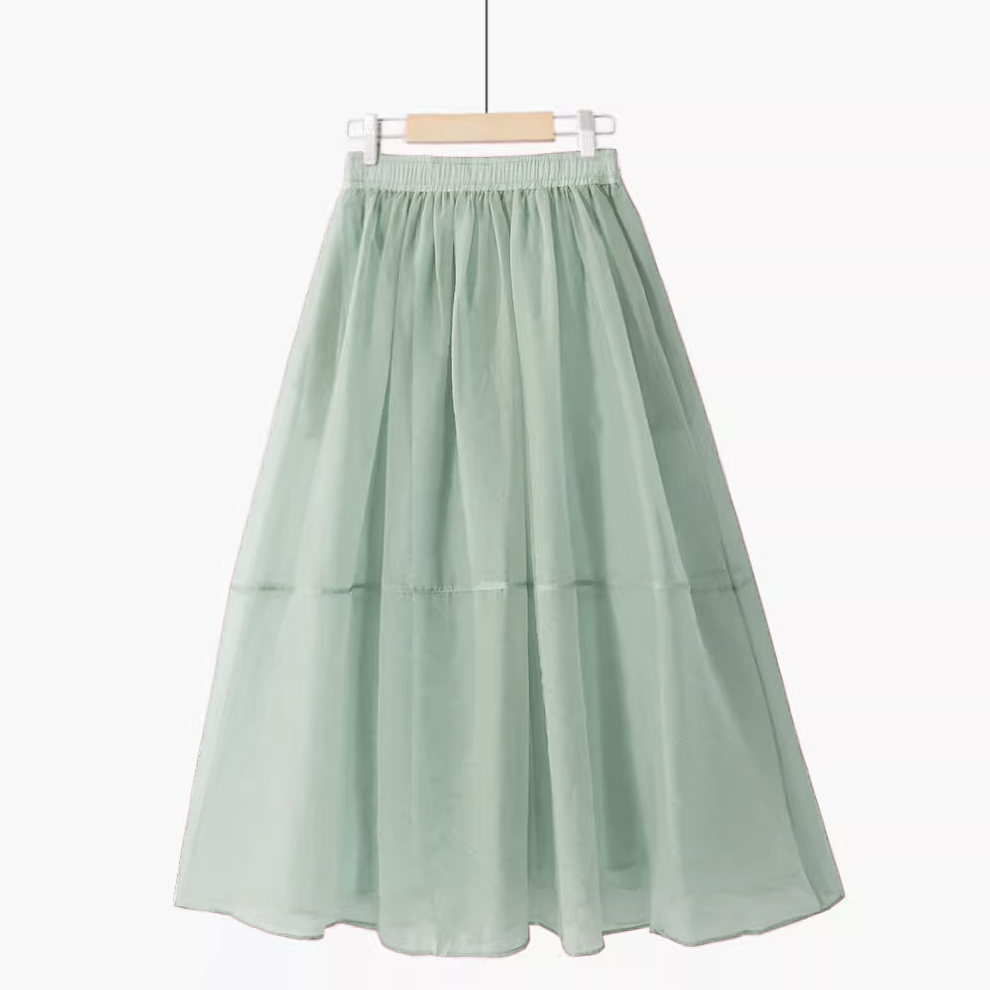 夏季气质纯色欧根纱轻薄甜美褶皱高腰口袋网纱中长款显瘦半身裙子