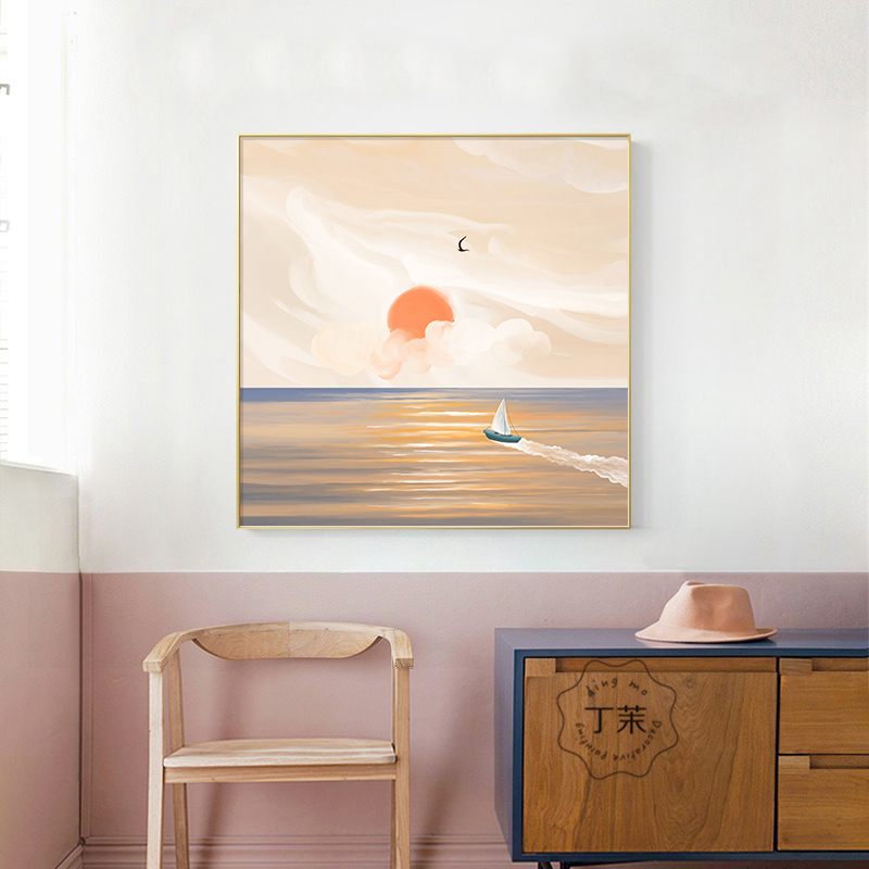 大海风景北欧风大气客厅正方形壁画粉色海景挂画沙发背景墙装饰画