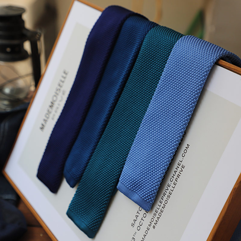 平静大海 复古韩版窄款蓝色系针织领带 男纯色深蓝天蓝白色礼盒装
