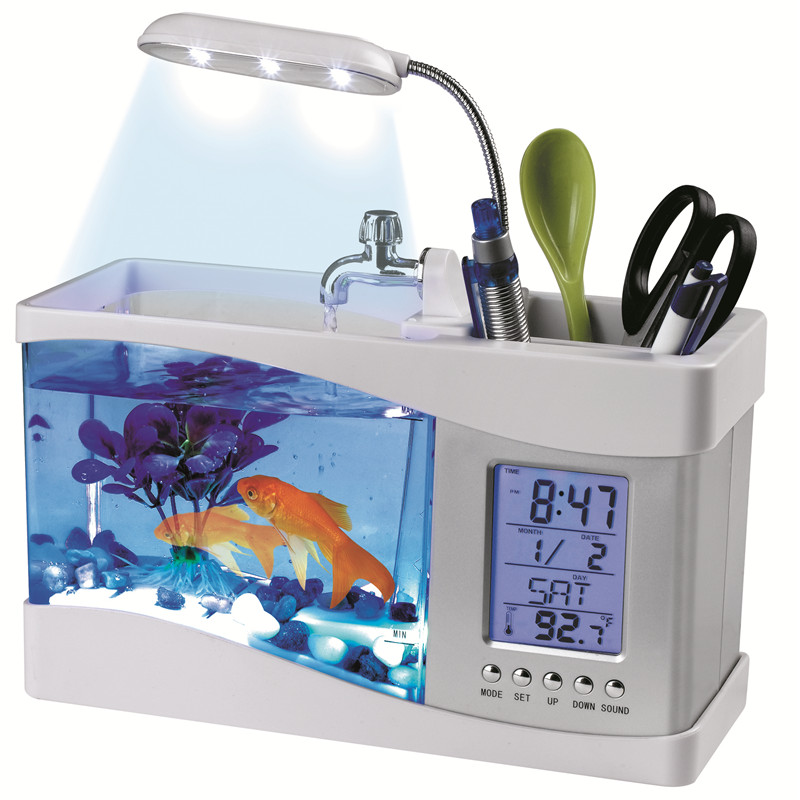 迷你鱼缸养鱼水族箱家用小型桌面摆件台灯多功能LED时钟闹钟