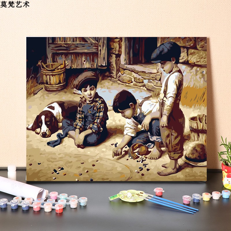 数字油画diy减压手工填充温馨一群孩子和狗玩耍手绘涂色油彩画画