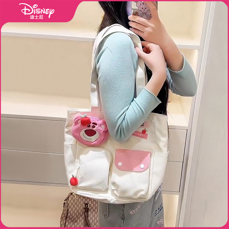 迪士尼正版草莓熊单肩包大容量托特包卡通可爱休闲女包通勤帆布包