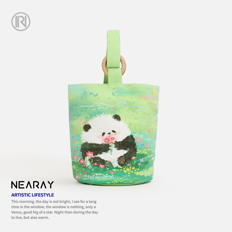 尼睿x大号小熊 可爱熊猫水桶包绿色清新手提包原创插画帆布包礼品
