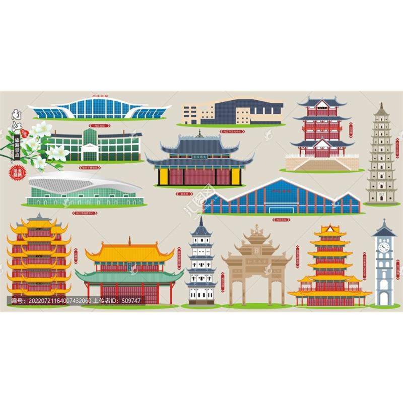 D498四川内江市AI矢量地标旅游建筑海报设计线稿城市剪影手绘插画