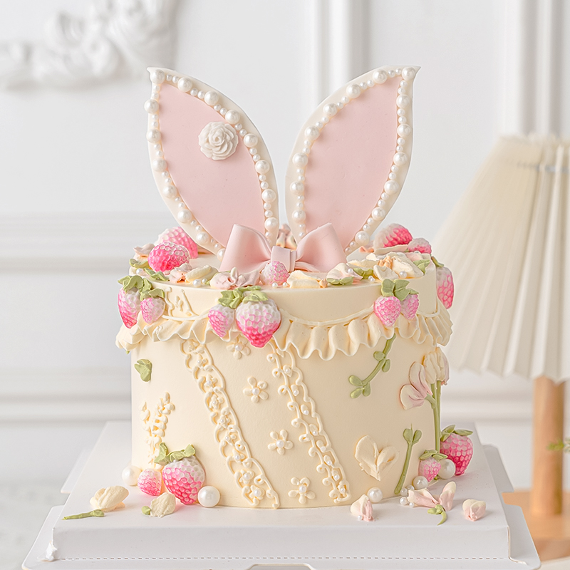粉色少女心女生生日蛋糕装饰兔耳朵翻糖干佩斯蛋糕立体草莓硅胶模