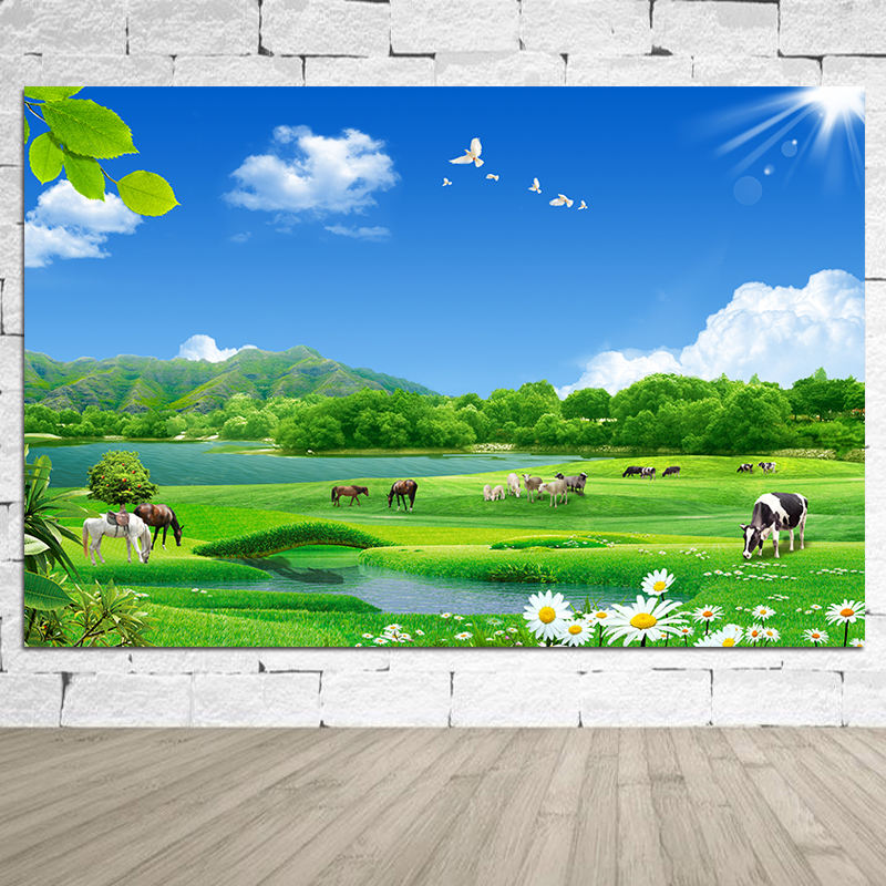 意境草原风景海报蓝天白云牛羊马绿色草地壁画山水装饰画田园风光