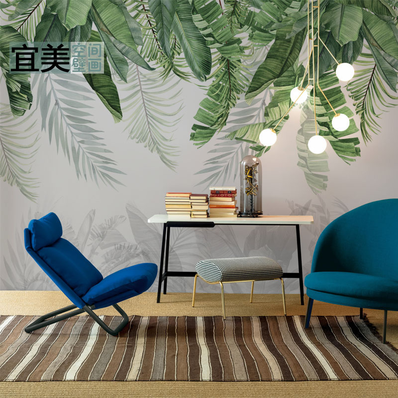 东南亚热带雨林壁纸手绘叶子3D简约绿色植物卧室客厅电视背景墙纸