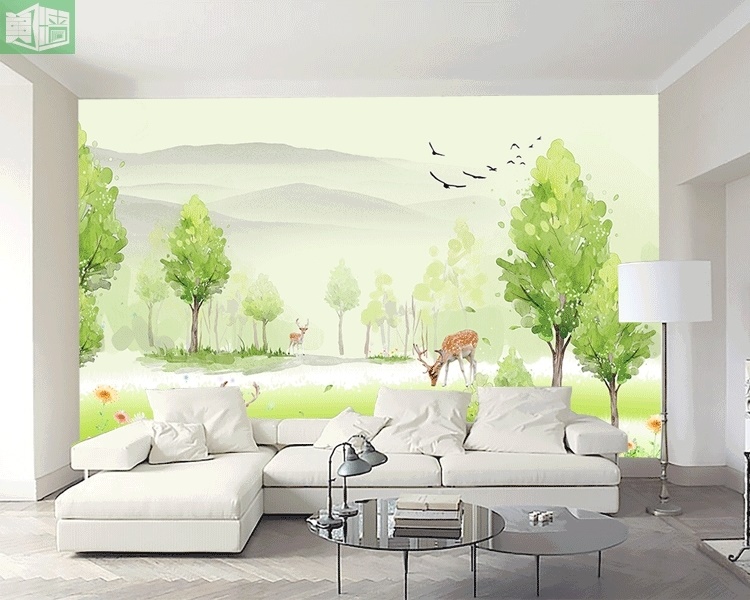 水彩森林清新风格壁纸可爱麋鹿卡通绿色墙纸简约电视背景墙壁画