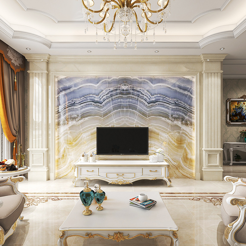 美式装修客厅电视沙发岩板背景墙别墅欧式罗马柱天然大理石效果图