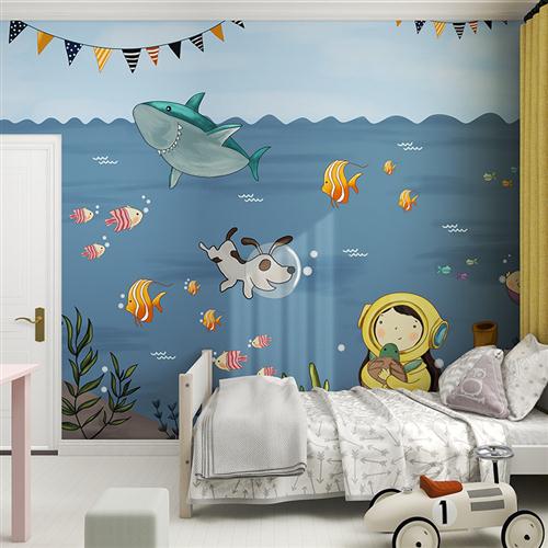 北欧卡通儿童房墙布海底世界潜水员墙纸男女孩卧室背景墙定制壁画