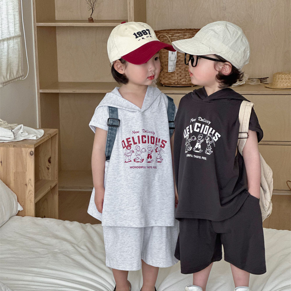 童装男女童带帽套装韩版2024夏款儿童亲子卡通印花两件套兄弟姐妹