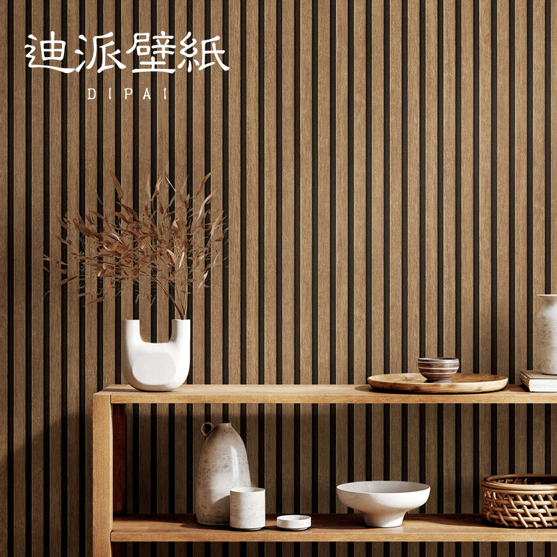 新中式复古木纹格栅墙纸日式客厅卧室茶室背景墙壁纸原木店铺装修