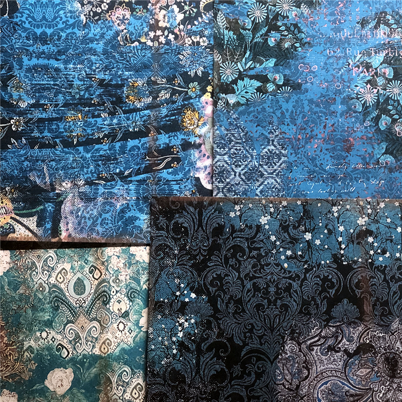 Junk Journal复古艺术垃圾藏蓝色花卉背景手帐巴洛克装饰素材纸