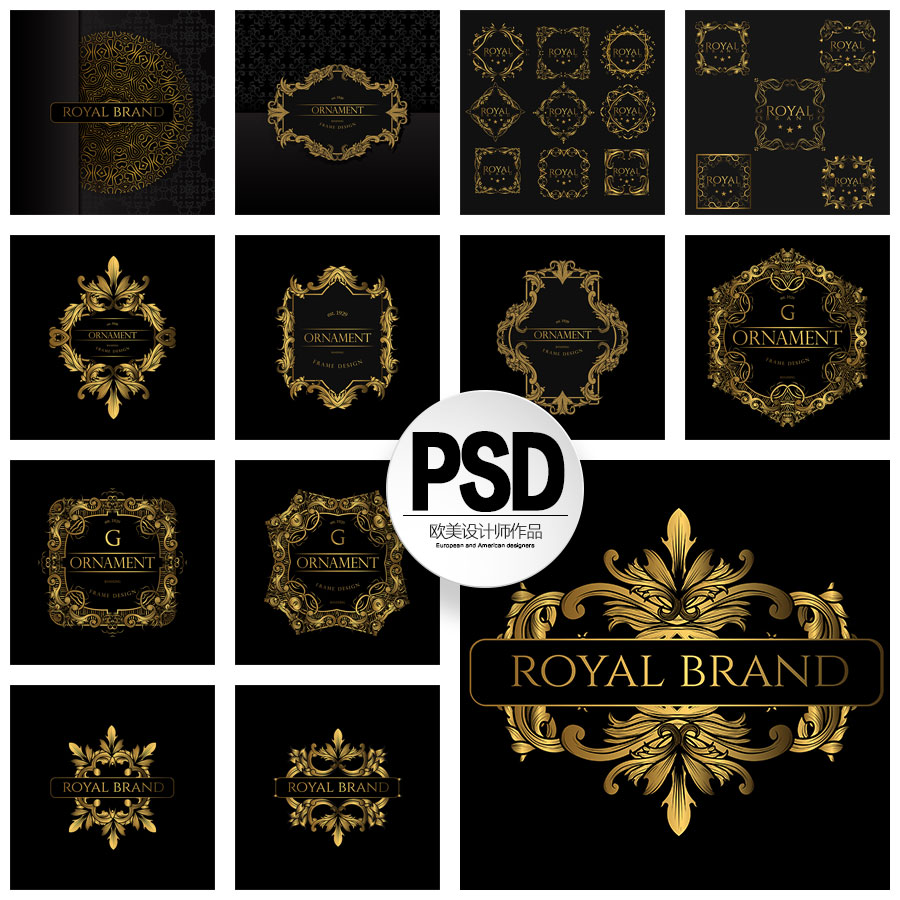 PSD古典花卉边框banner框架logo店标纹饰图案黑金图平面设计素材