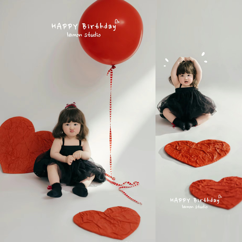 创意儿童写真爱心主题褶皱红心背景装饰女宝宝周岁生日布置红气球