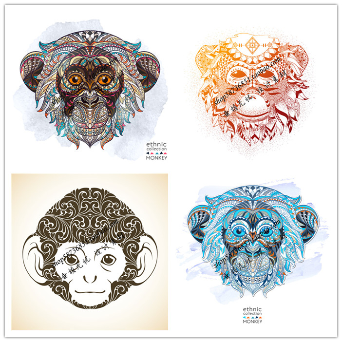 A1433矢量卡通彩色T恤印花花纹动物头像猩猩猴子图案 AI设计素材