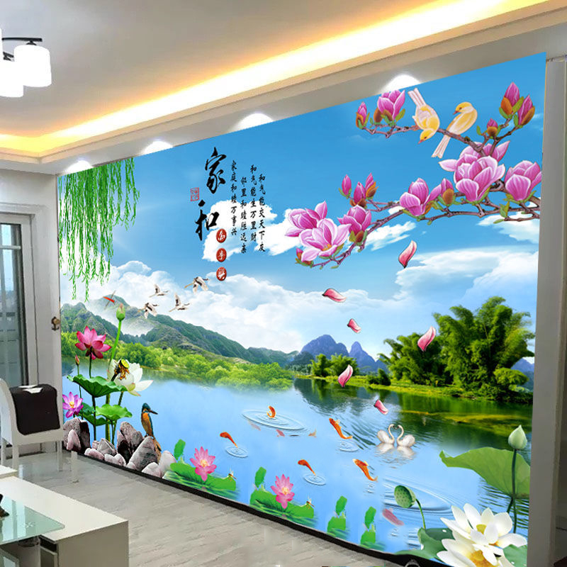 新中式山水风景壁画客厅沙发电视背景自粘墙贴卧室防水墙上装饰画