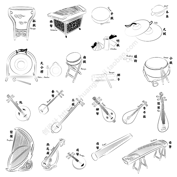 手绘中国传统乐器 线描阮三弦柳琴琵琶古筝 AI格式矢量设计素材