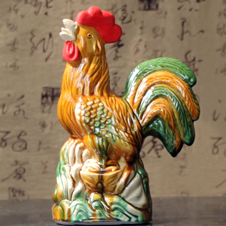 唐三彩大红公鸡陶瓷鸡摆件客厅装饰品家居摆设礼品工艺品大吉大利