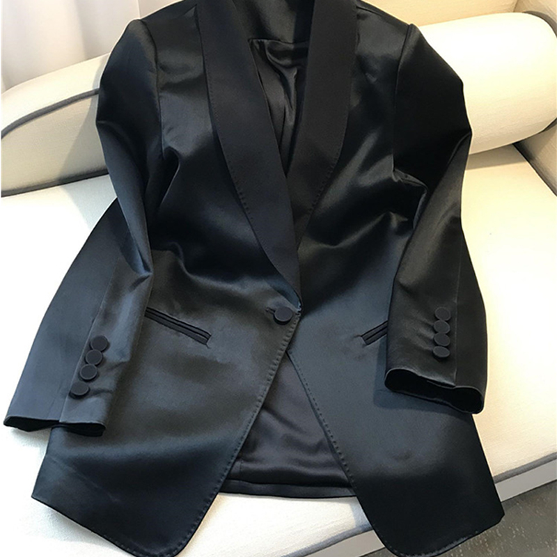 三醋酸小西装外套女2024春夏新款休闲黑色薄款高级感缎面西服上衣