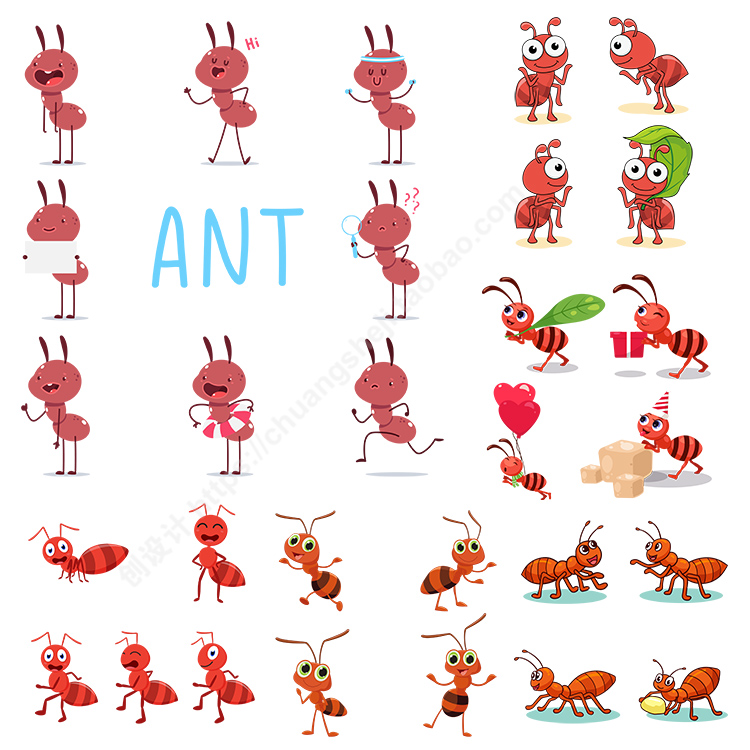卡通蚂蚁插画  可爱红蚂蚁形象图案 AI格式矢量设计素材