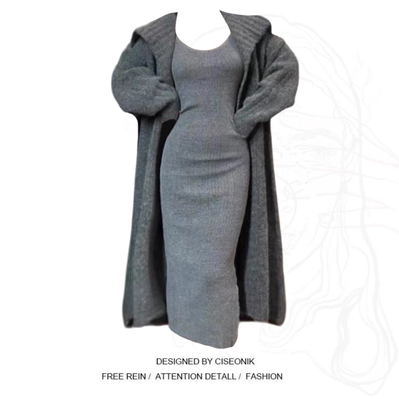 大码胖mm慵懒风时尚显瘦套装秋季灰色毛衣外套搭配吊带长裙