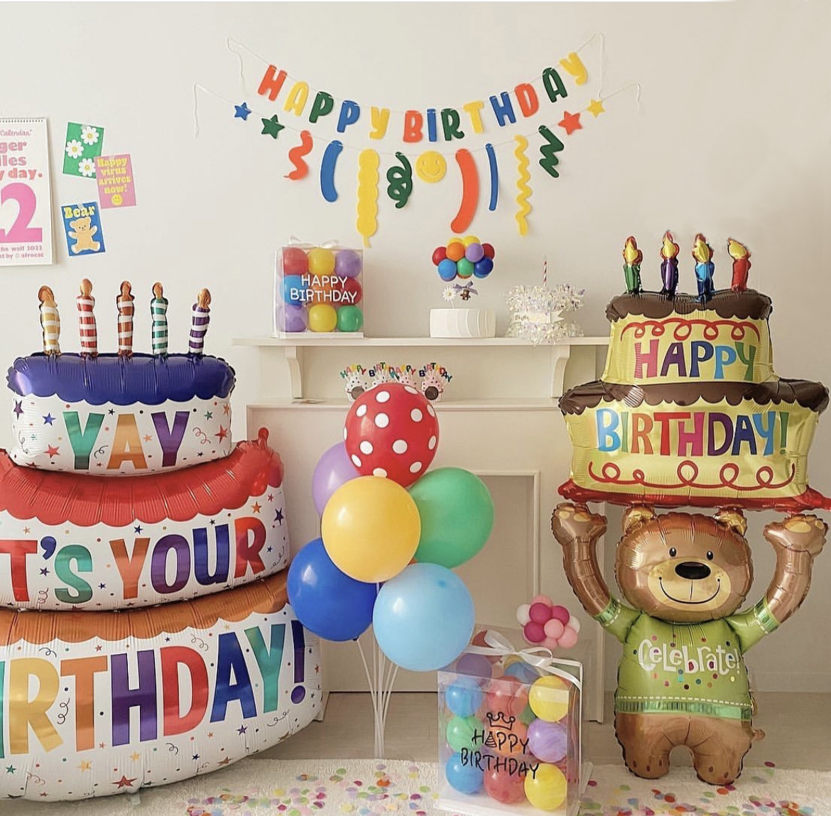 举蛋糕的小熊生日铝膜气球儿童宝宝周岁派对布置生日拍照场景装饰