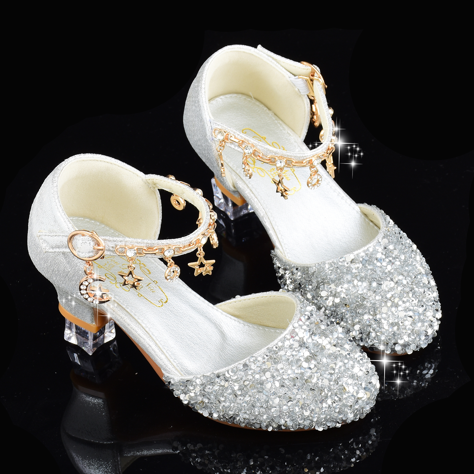 儿童高跟鞋公主秋季水晶鞋搭配女童模特比赛钢琴表演走秀礼服鞋子