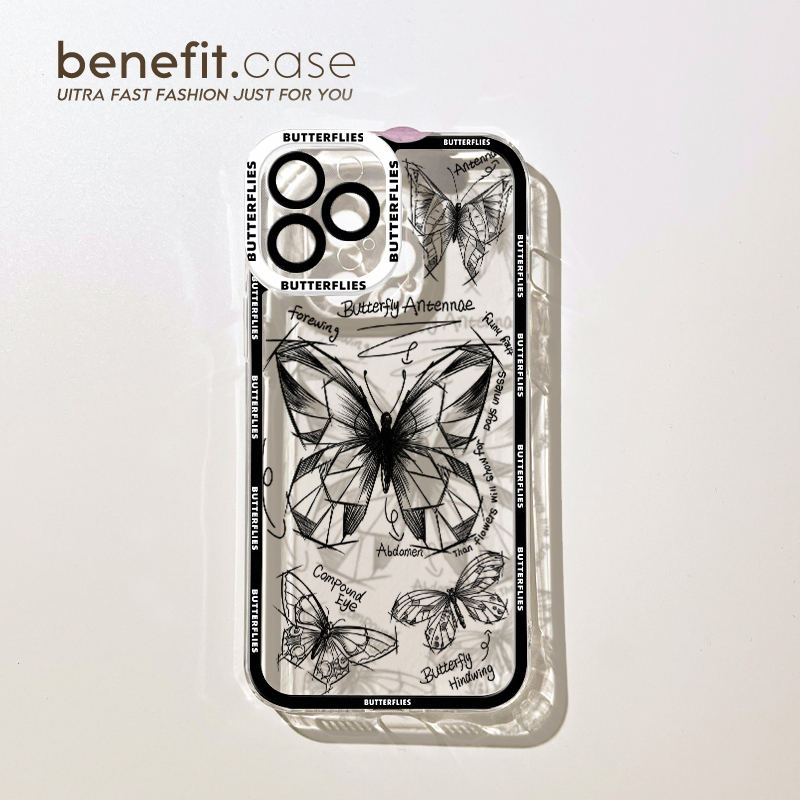 benefit创意设计素描蝴蝶适用于1515苹果13手机壳iphone14promax新款12套11小众xsmax透明xr全包8plus硅胶软7