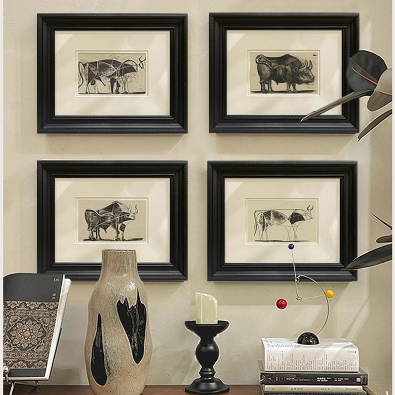 毕加索装饰法式中复古风玄关背景墙挂画小众抽象艺术高级感素描牛
