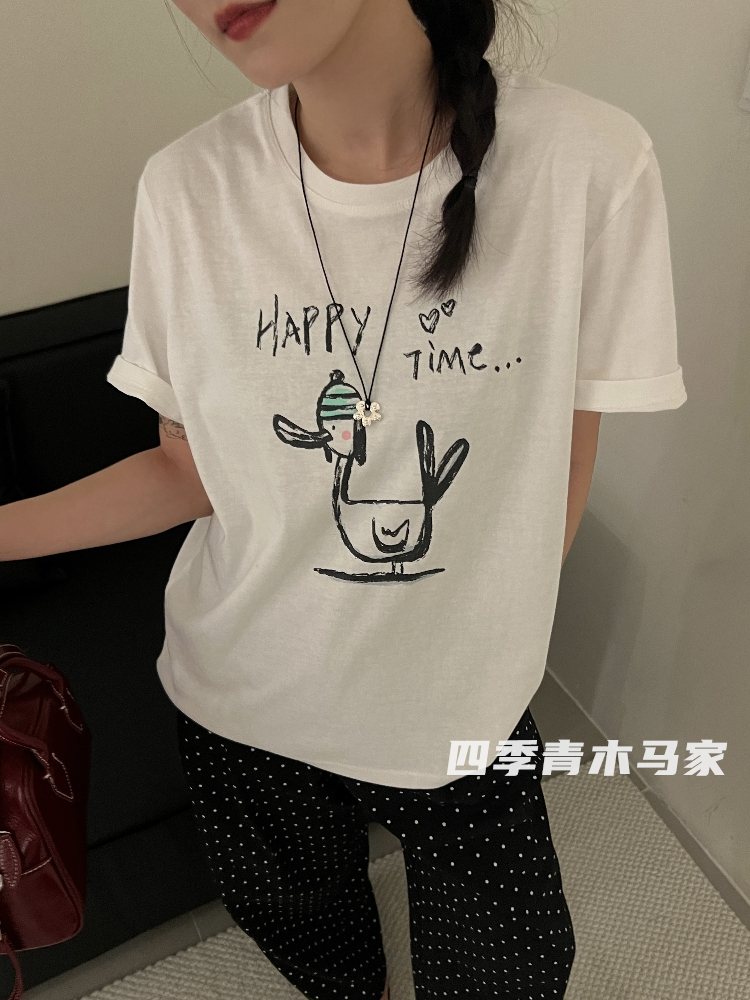 木马家 素描抽象小鸭子 卡通减龄宽松短袖T恤 韩国新款半袖tee女